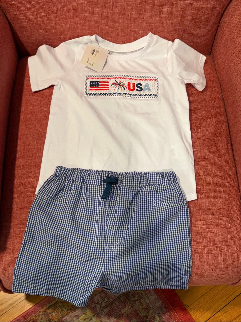 Mud Pie White Tee With Usa Patch And Red, Blue Accents